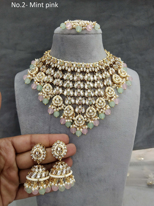 Gold mint pink kundan necklace Jewellery Indian jewellery timi sets