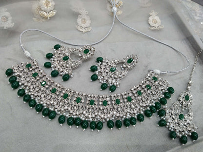 Silver green necklace Indian Bridal Jewellery set