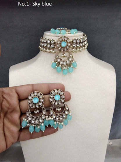 Choker Set / Antique gold sky blue choker Jewellery set/Indian kirty choker set
