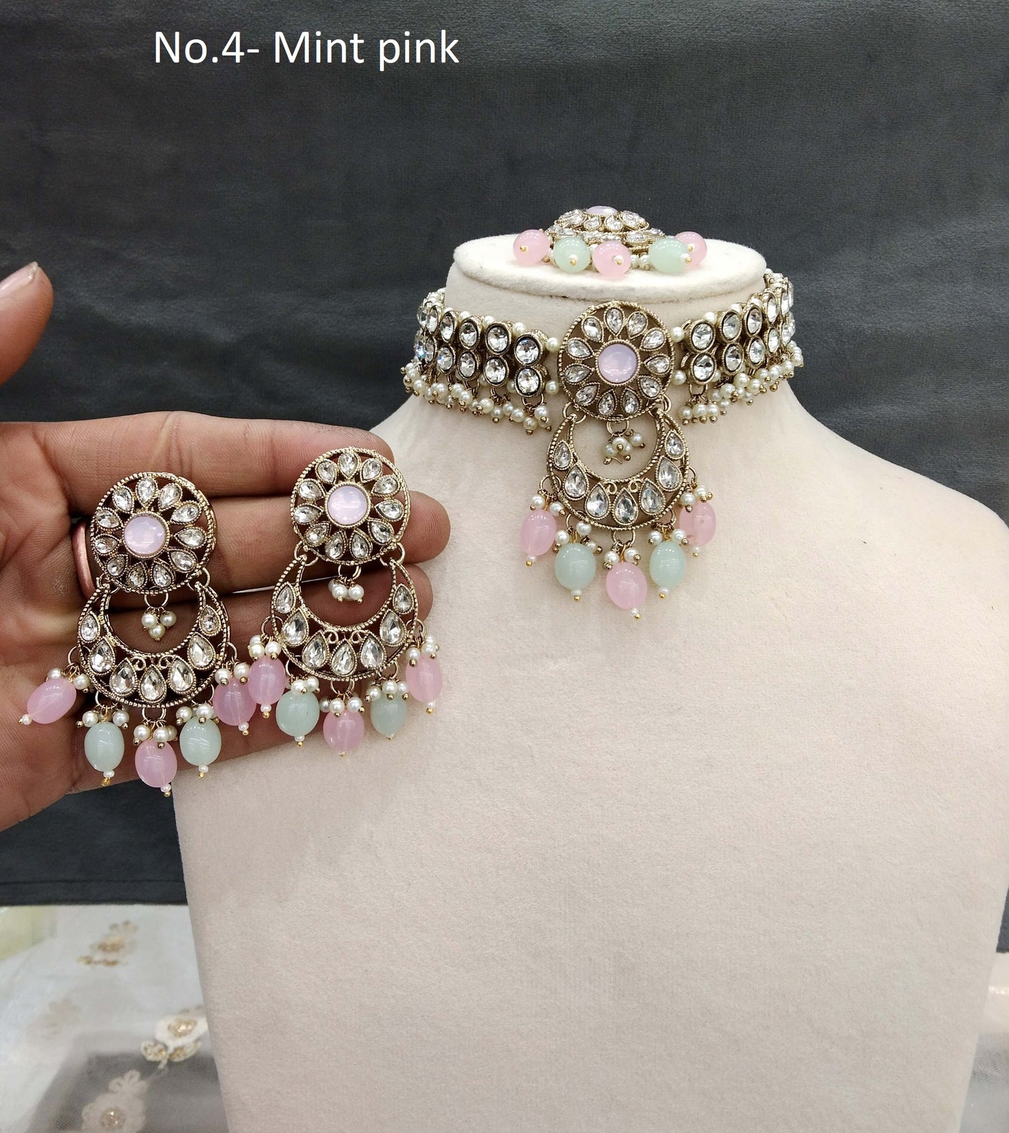 Choker Set / Antique gold mint pink choker Jewellery set/Indian kirty choker set