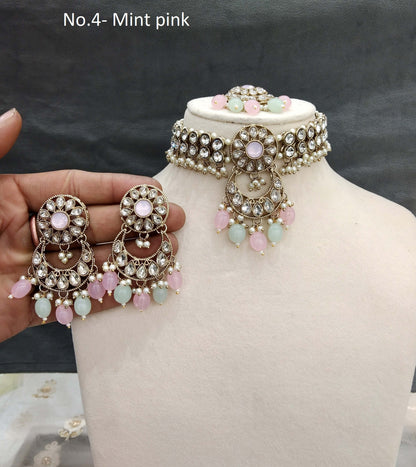 Choker Set / Antique gold mint pink choker Jewellery set/Indian kirty choker set
