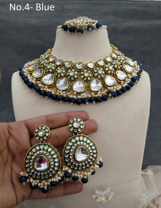 Gold blue Kundan Necklace Jewellery  Set/ Gold kundan Indian jewellery kundan kimi sets