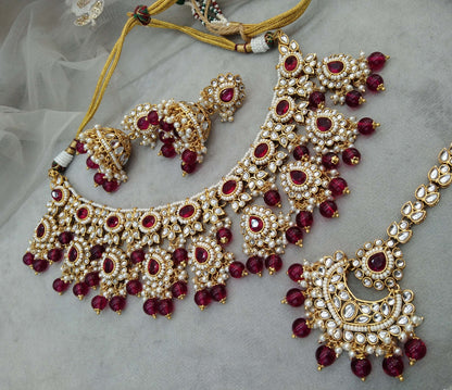 Gold majenta Kundan Necklace Jewellery Set/ Gold kundan Indian jewellery kundan kevi sets