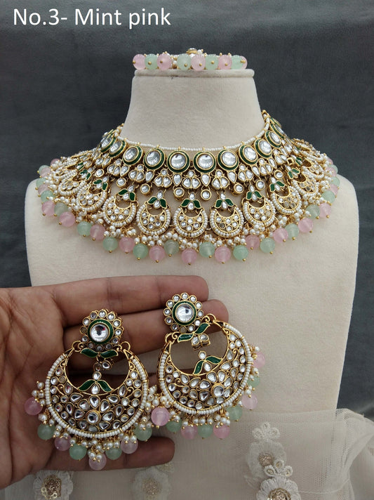 Gold mint pink Kundan necklace Set/ Gold kundan Indian jewellery kundan kivi sets