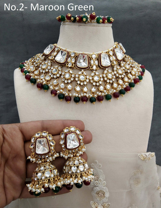 Gold maroon green Kundan necklace Set/ Gold kundan Indian jewellery kundan diwan sets