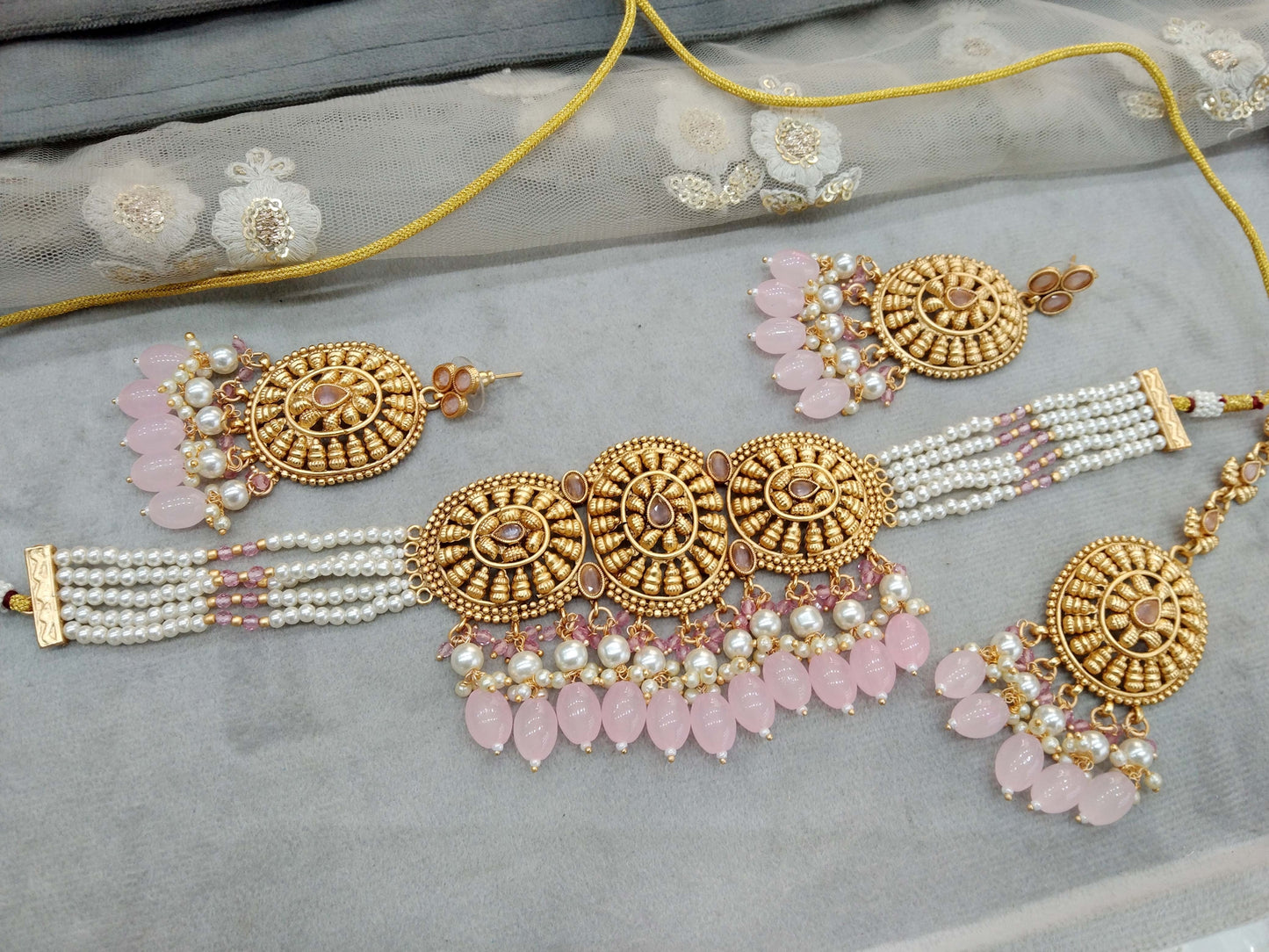 Gold pink polki choker necklace Jewellery Indian punjabi birpal Jewellery