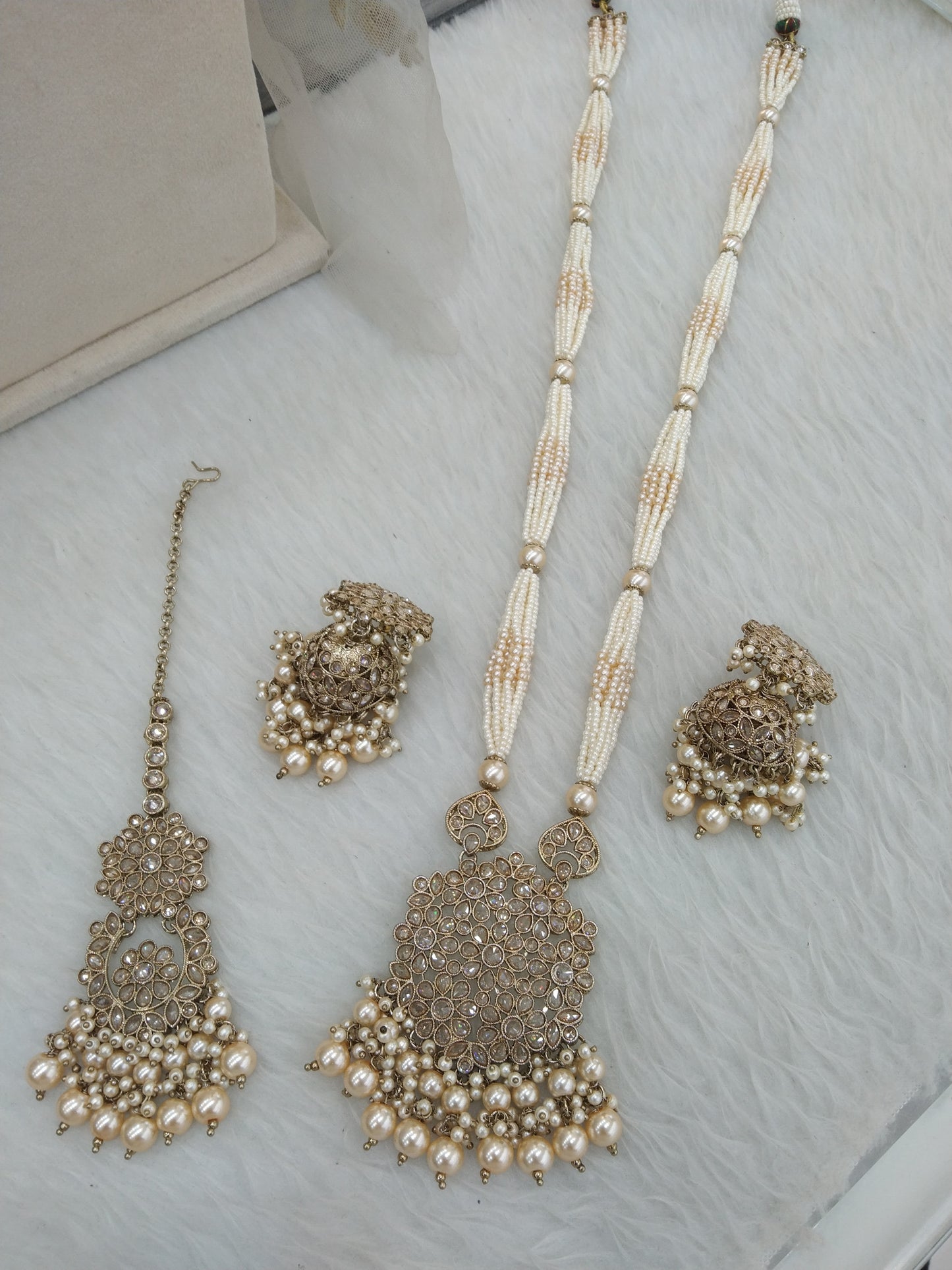 Antique Gold Ivory Indian Rani Haar Necklace Set/Gold Necklace Set/ Indian Jewellery/Muslim Long Necklace sites Set