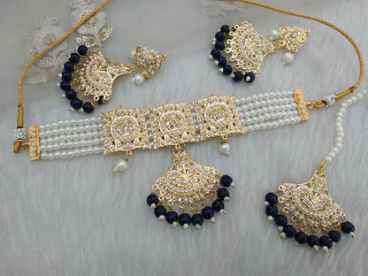 Jadau Gold Pearl blue Choker Necklace Set/Gold white Indian Necklace Set/Bollywood Punjabi Indian Jewellery