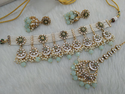Indian  jewellery Gold pastel green kundan choker set/ kundan choker kundan hiska set