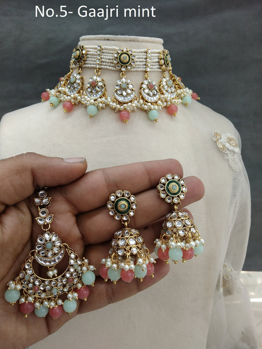 Indian  jewellery Gold gaajri mint kundan choker set/ kundan choker kundan hiska set