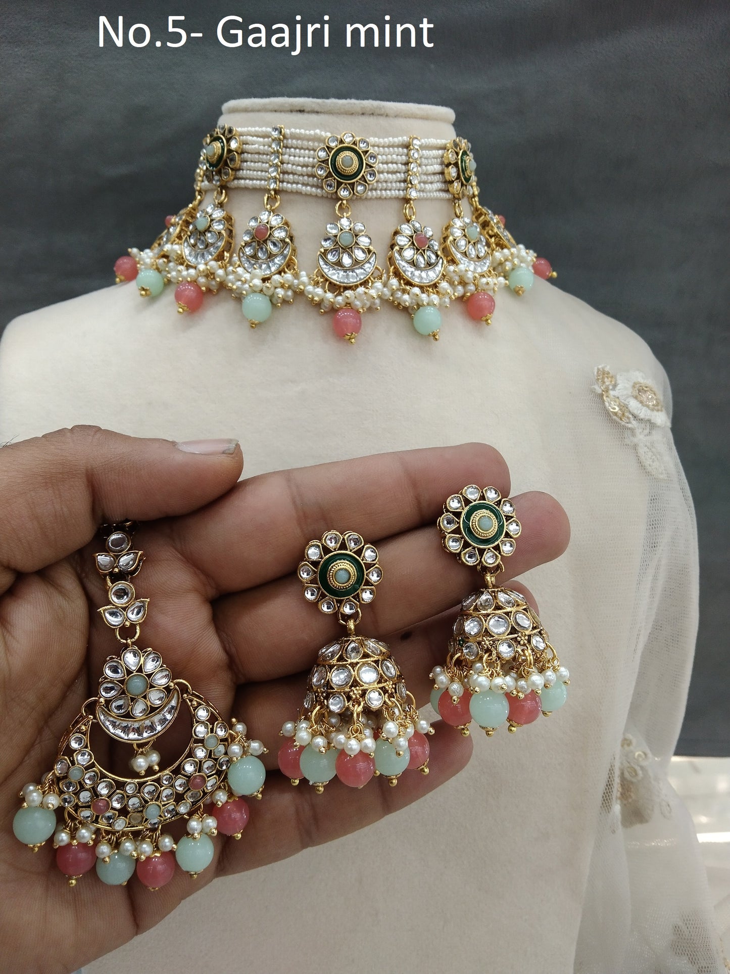 Choker Indian Jewellery Gold Gajri Mint Kundan Set/ kundan choker kundan hiska set