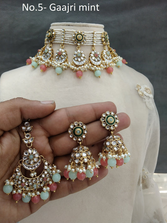 Choker Indian Jewellery Gold Gajri Mint Kundan Set/ kundan choker kundan hiska set