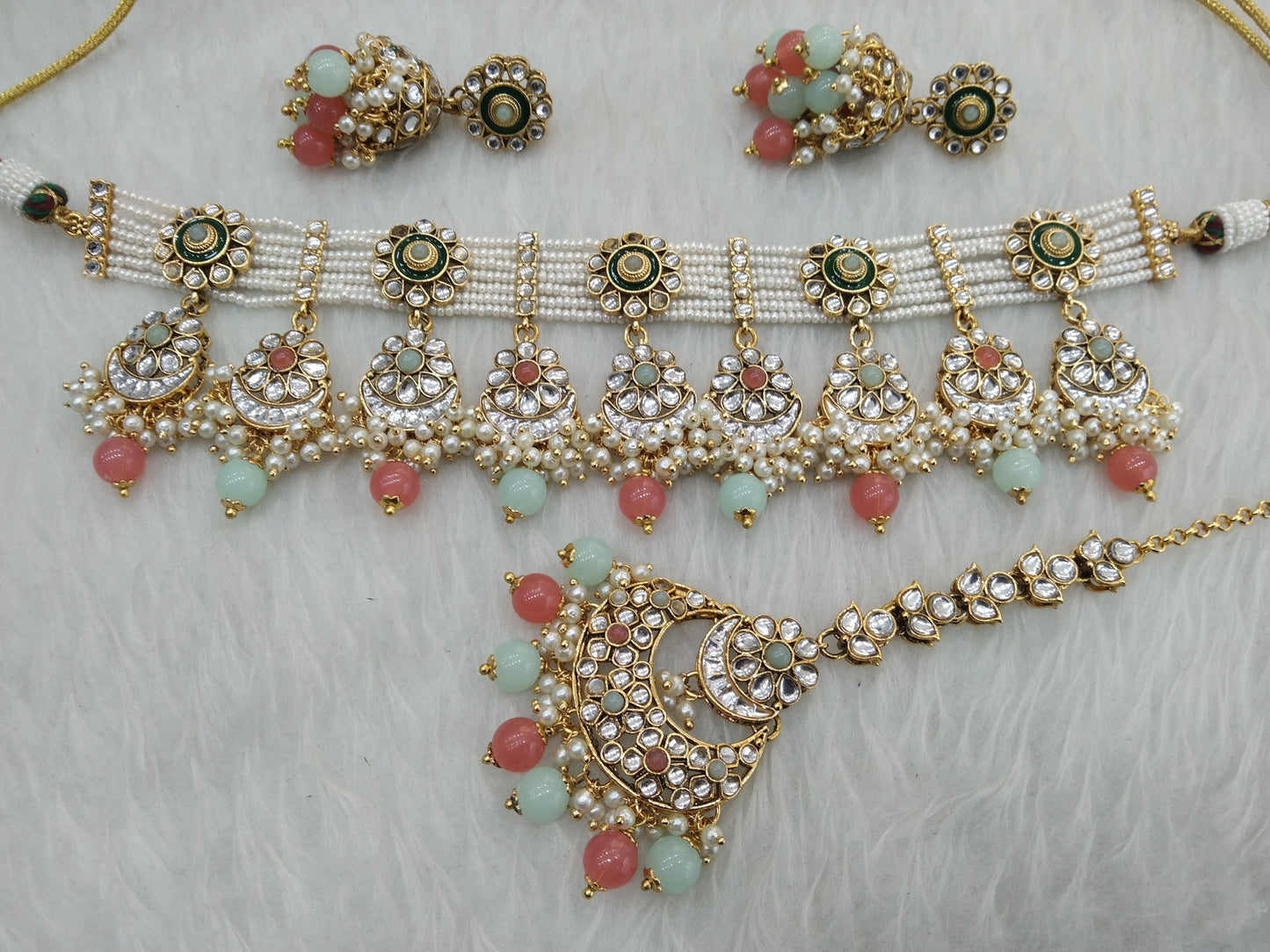 Choker Indian Jewellery Gold Gajri Mint Kundan Set/ kundan choker kundan hiska set