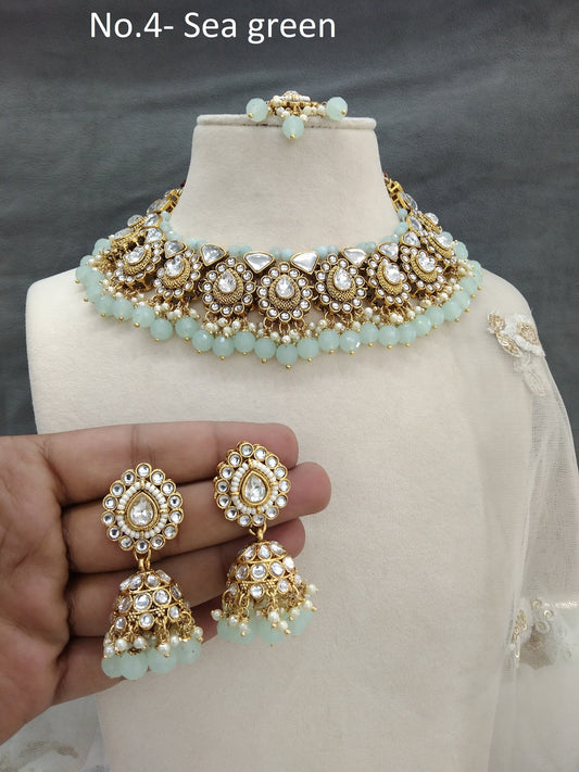 Gold sea green Kundan necklace Set/ Gold kundan Indian jewellery kundan relly sets