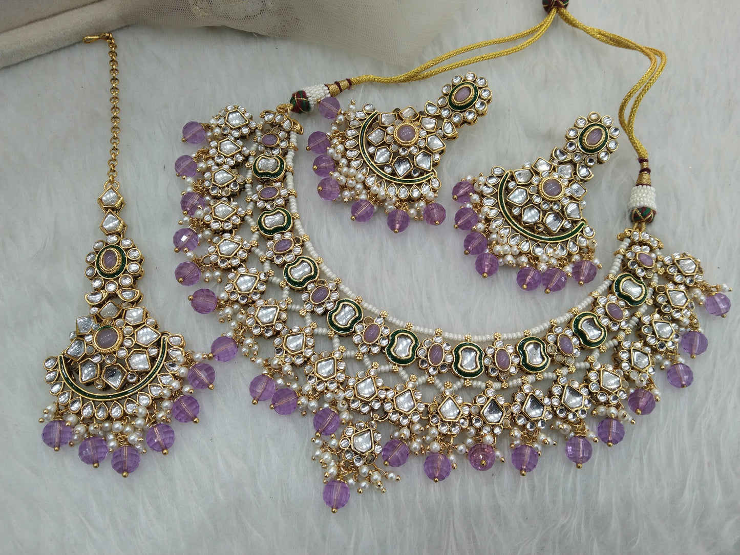 Gold Kundan Necklace Jewellery Set/ Gold lavende  kundan Indian jewellery kundan disco sets