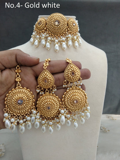 Gold white choker Jewellery set Indian punjabi traditional birpal Indian Jewellery