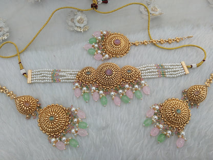 Gold mint pink choker set Indian punjabi traditional birpal Indian Jewellery