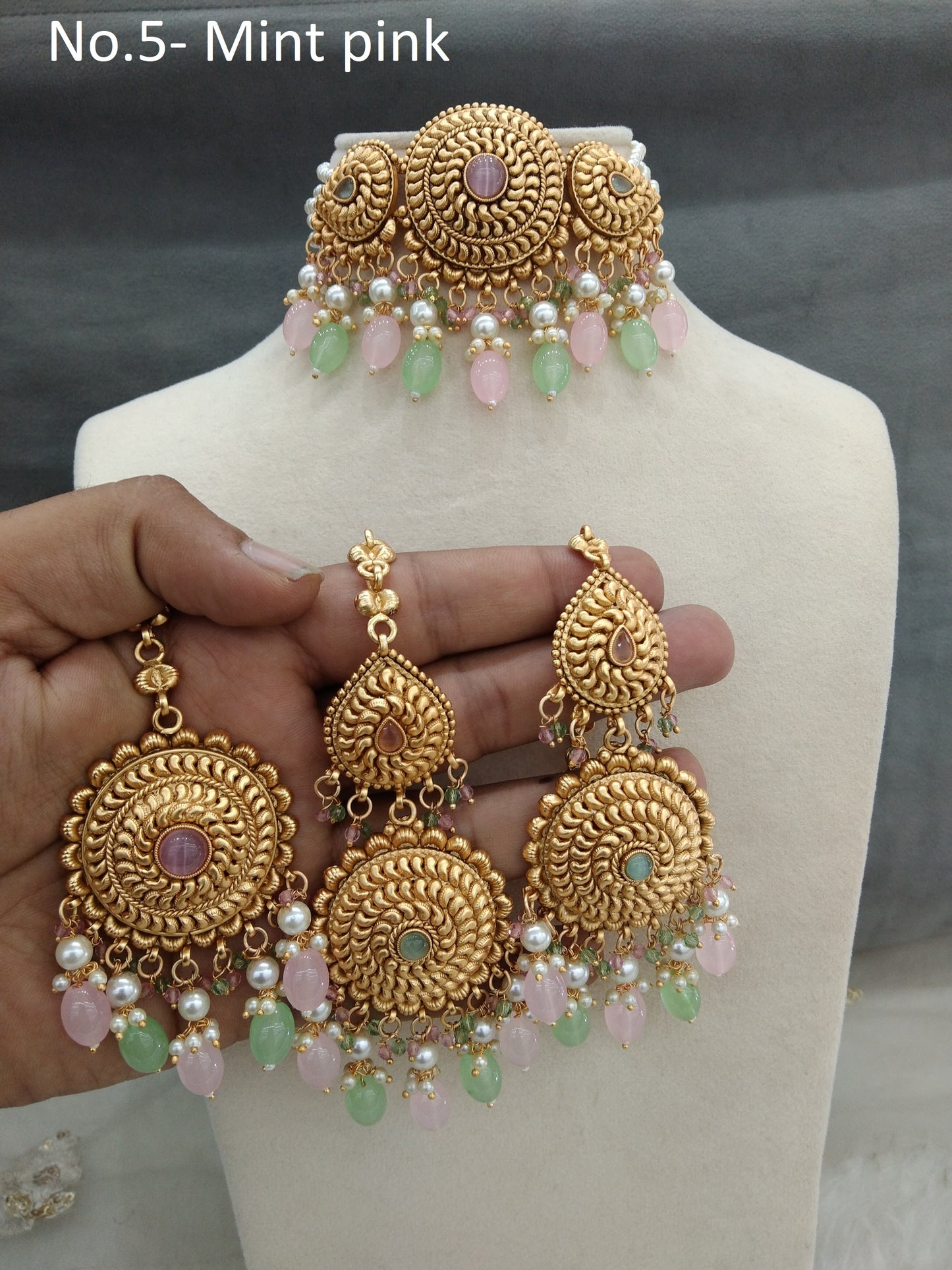 Gold mint pink choker set Indian punjabi traditional birpal Indian Jewellery