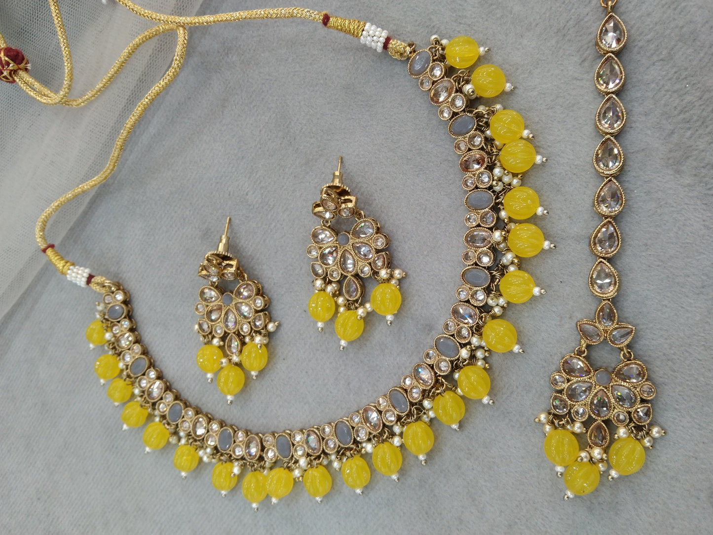 Antique Gold Necklace Set/ Antique gold yellow grey Indian Bridal trend Jewellery