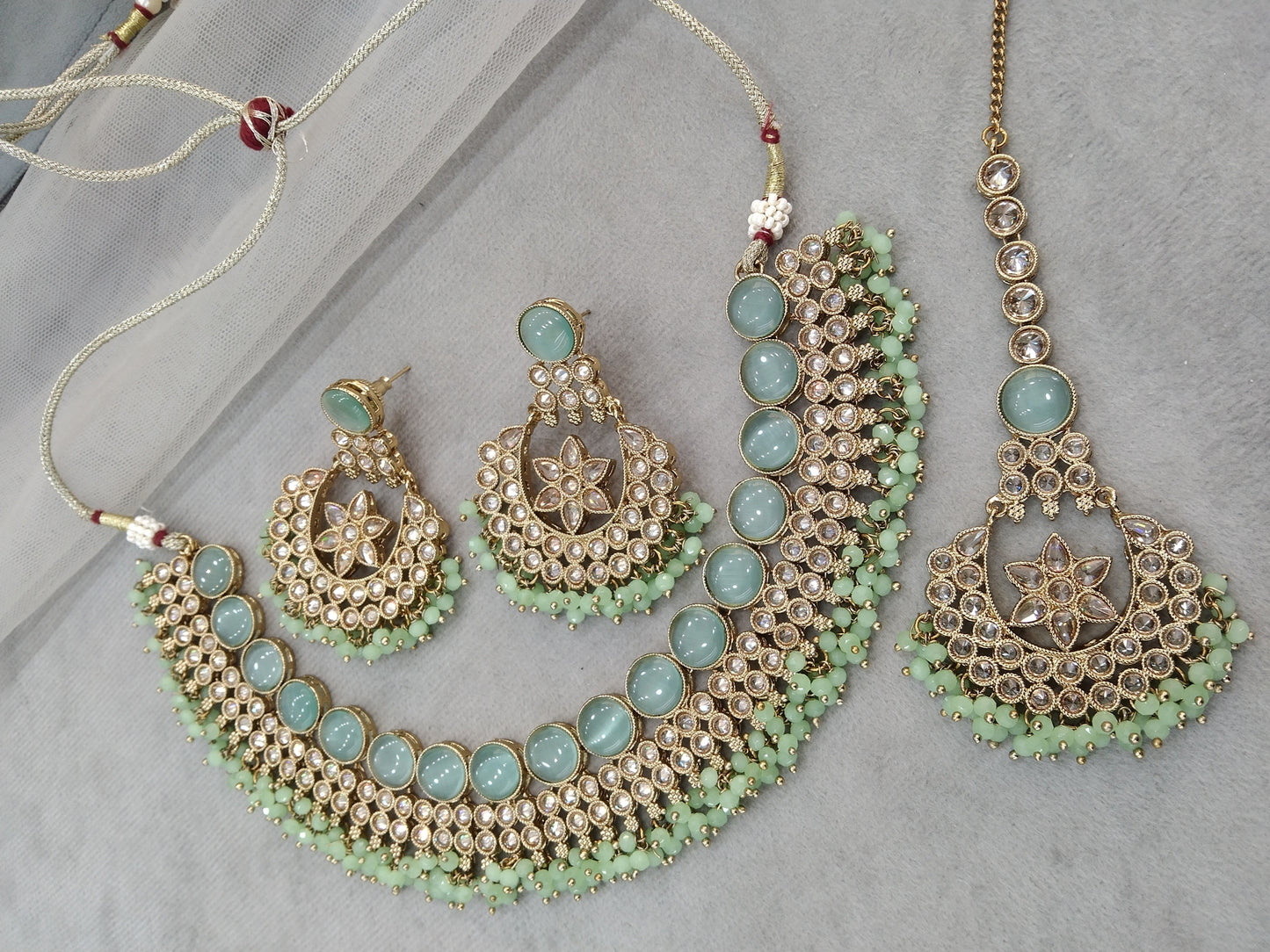 Antique Gold Necklace Set/ Antique gold pastel green Indian Bridal trend Jewellery