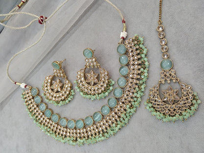 Antique Gold Necklace Set/ Antique gold pastel green Indian Bridal trend Jewellery