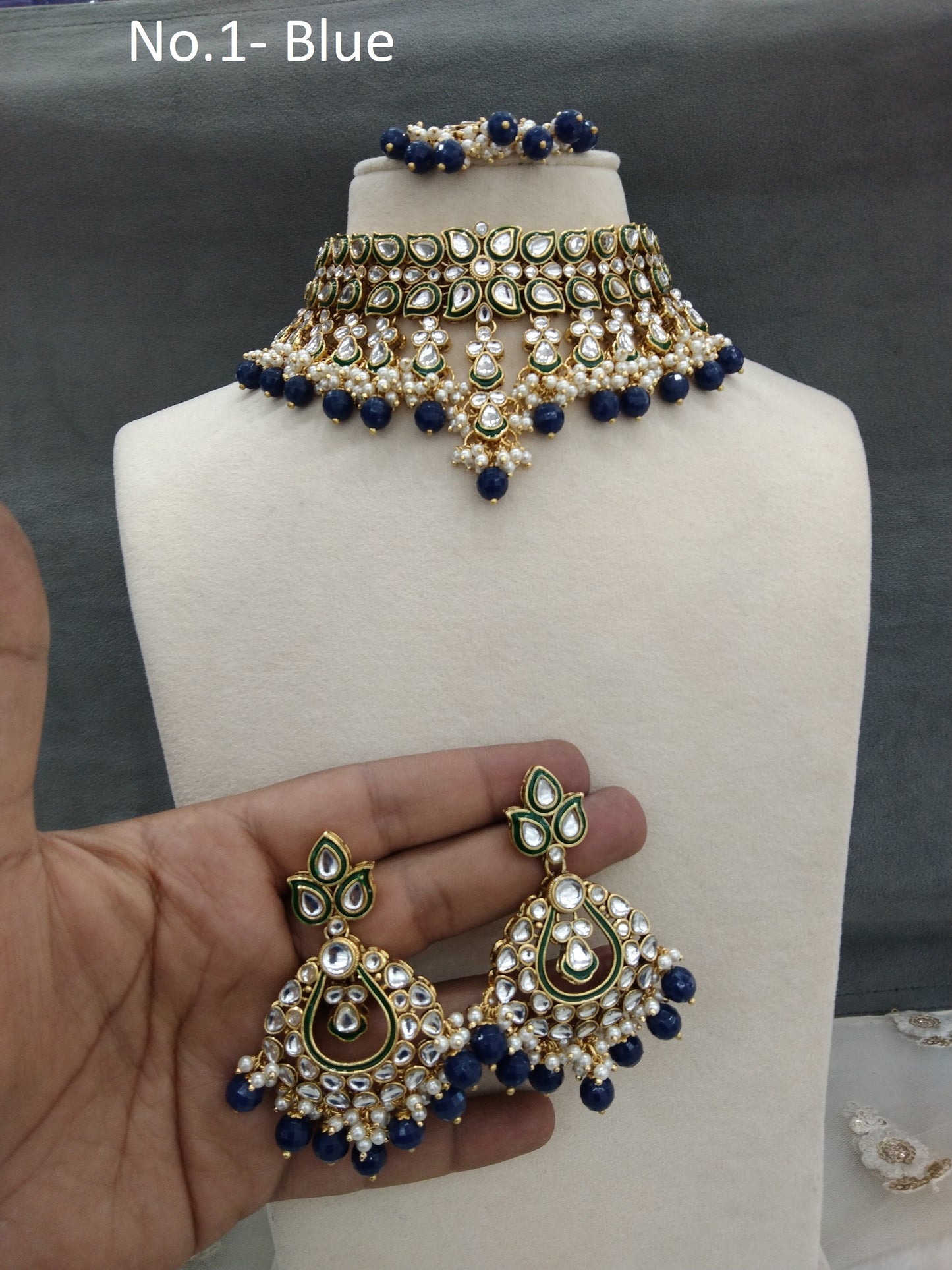 Indischer Schmuck, Blaues Kundan Halsketten Set Indische Hochzeit Braut Ethno Braut Indianer Halskette Tiska Set