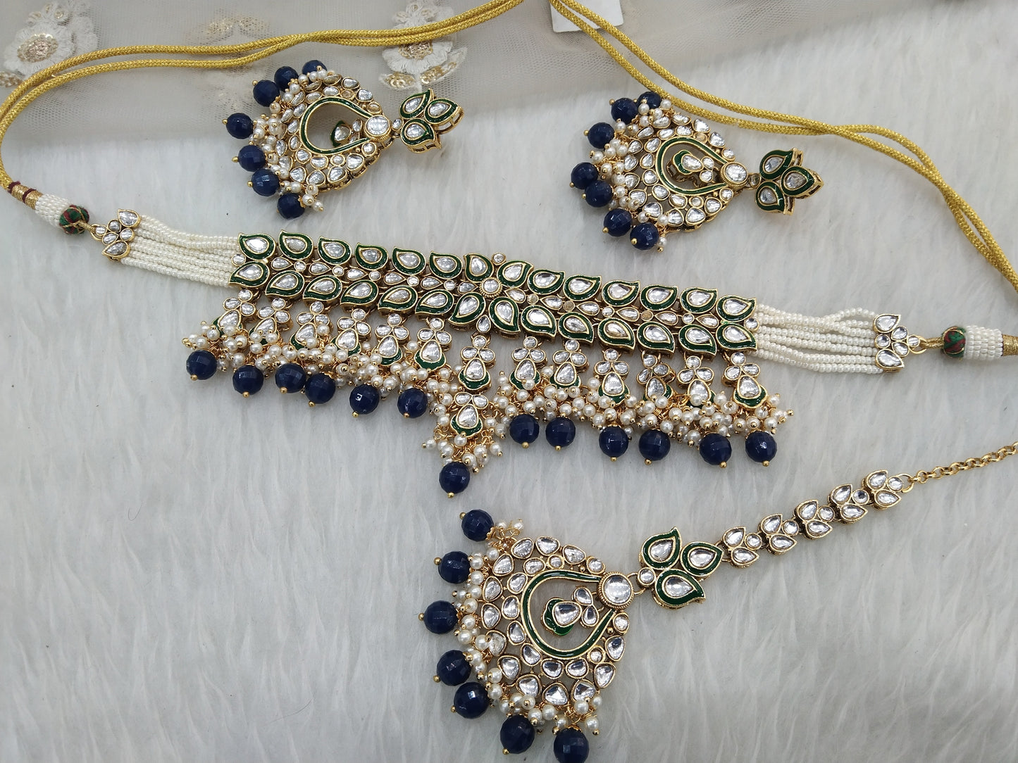 Indischer Schmuck, Blaues Kundan Halsketten Set Indische Hochzeit Braut Ethno Braut Indianer Halskette Tiska Set