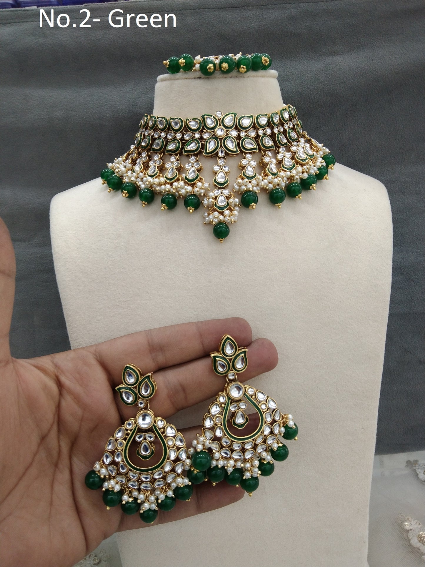 Grüner Smaragd Indischer Schmuck, Kundan Halskette Set Indische Hochzeit Braut Ethno Braut Indische Halskette Tiska Set