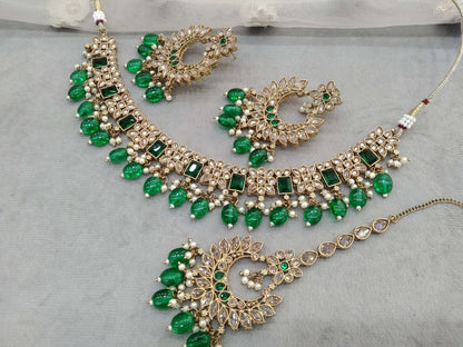 Antique gold green necklace Set/ Antique gold necklace Indian hiki Jewellery