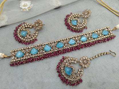 Antique gold firoja majenta choker Set/ Antique gold choker Indian hiki Jewellery