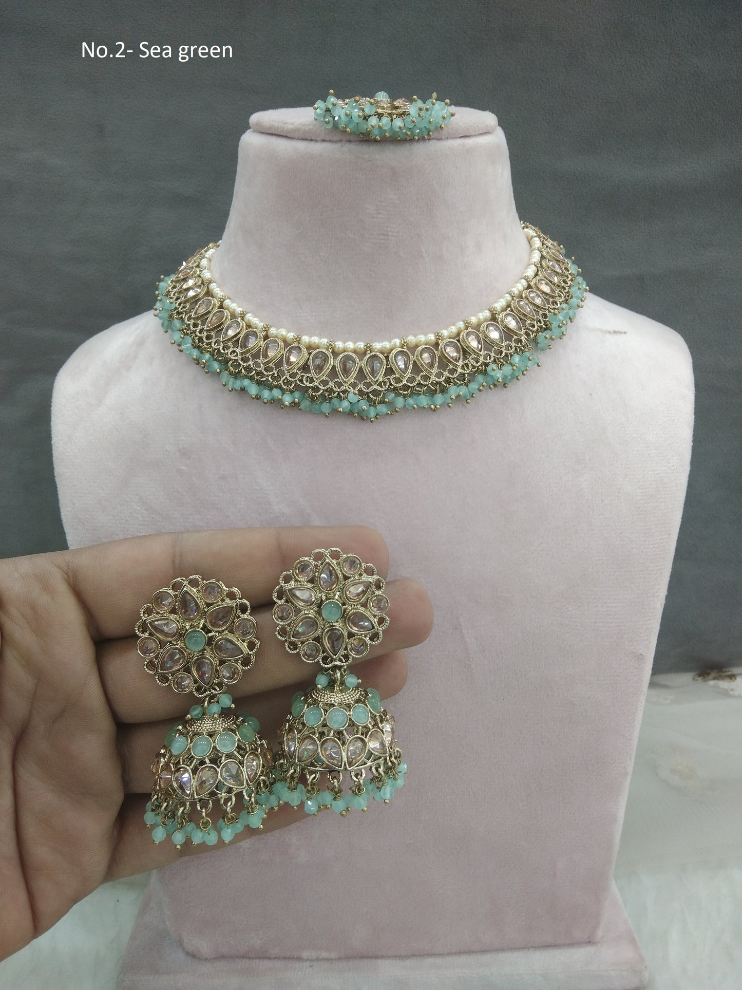 Antique  Gold Wedding Necklace Jewellery Set/ Dark gold sea green Indian Bridal Wedding  arts Jewellery