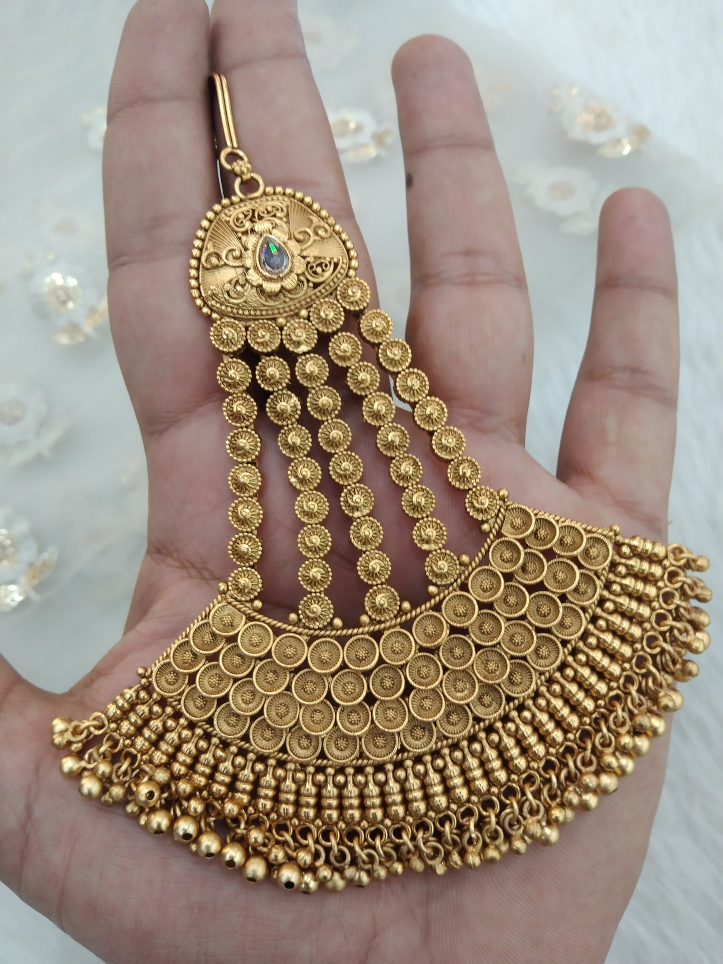 Gold finish Passa Polki Jhumar Jhoomer Headpiece Bridal Passa/Hijab bika tilak Headpiece