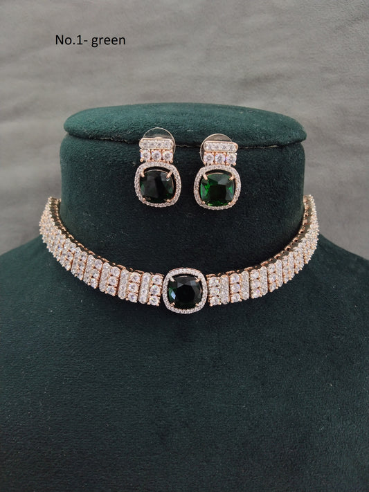 Cubic Zirconia Diamond gold green choker Earrings set, Bridal choker earrings jewelry statement sita necklace set CZ choker