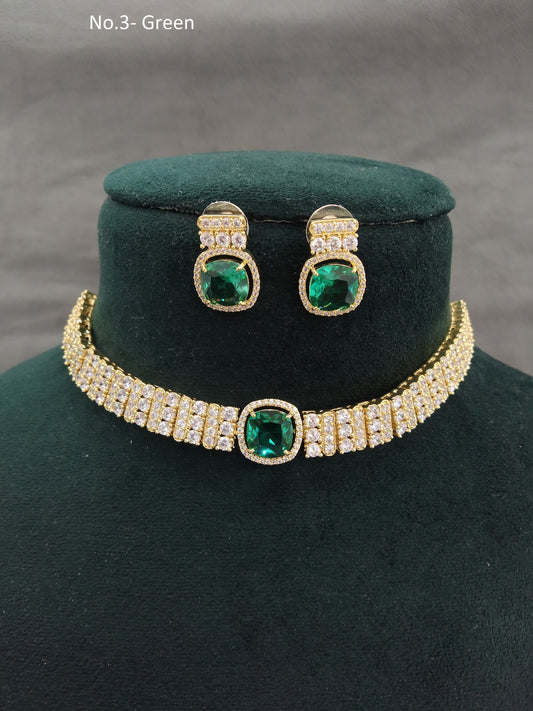 Cubic Zirconia Diamond Gold Green Choker Earrings set, Bridal choker earrings jewellery statement sita necklace set CZ choker