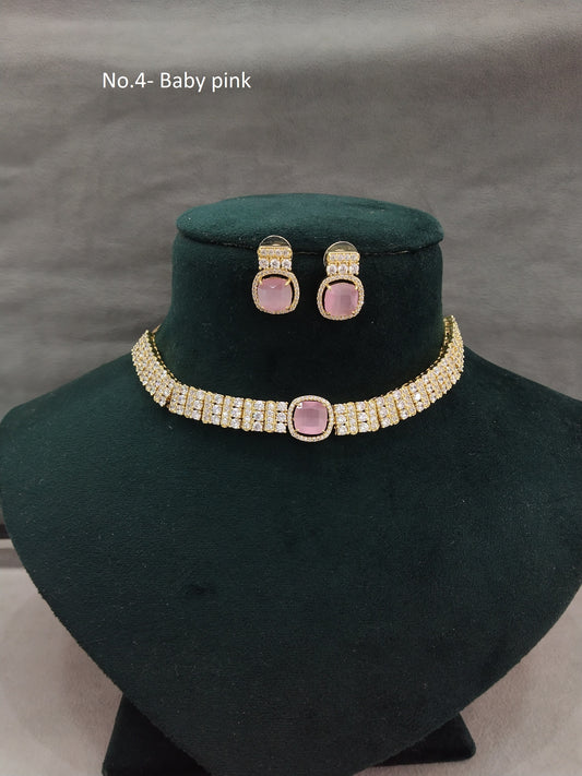 Cubic Zirconia Diamond gold baby pink choker Earrings set, Bridal choker earrings jewelry statement sita necklace set CZ choker