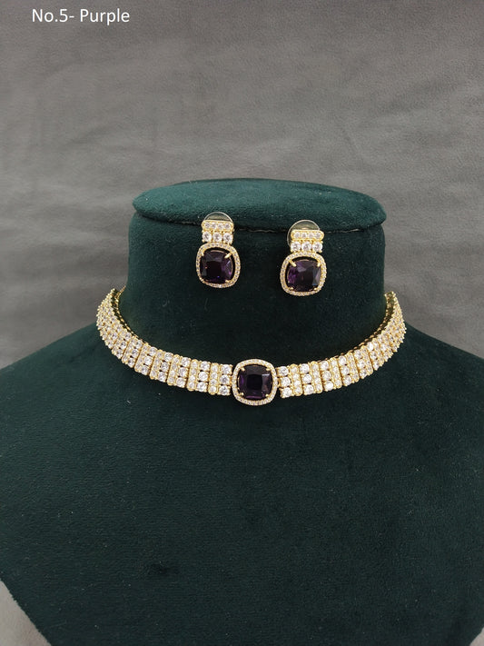 Cubic Zirconia Diamond gold purple choker Earrings set, Bridal choker earrings jewellery statement sita necklace set CZ choker