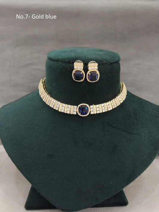 Cubic Zirconia Diamond Gold blue Choker Earrings Sita Set