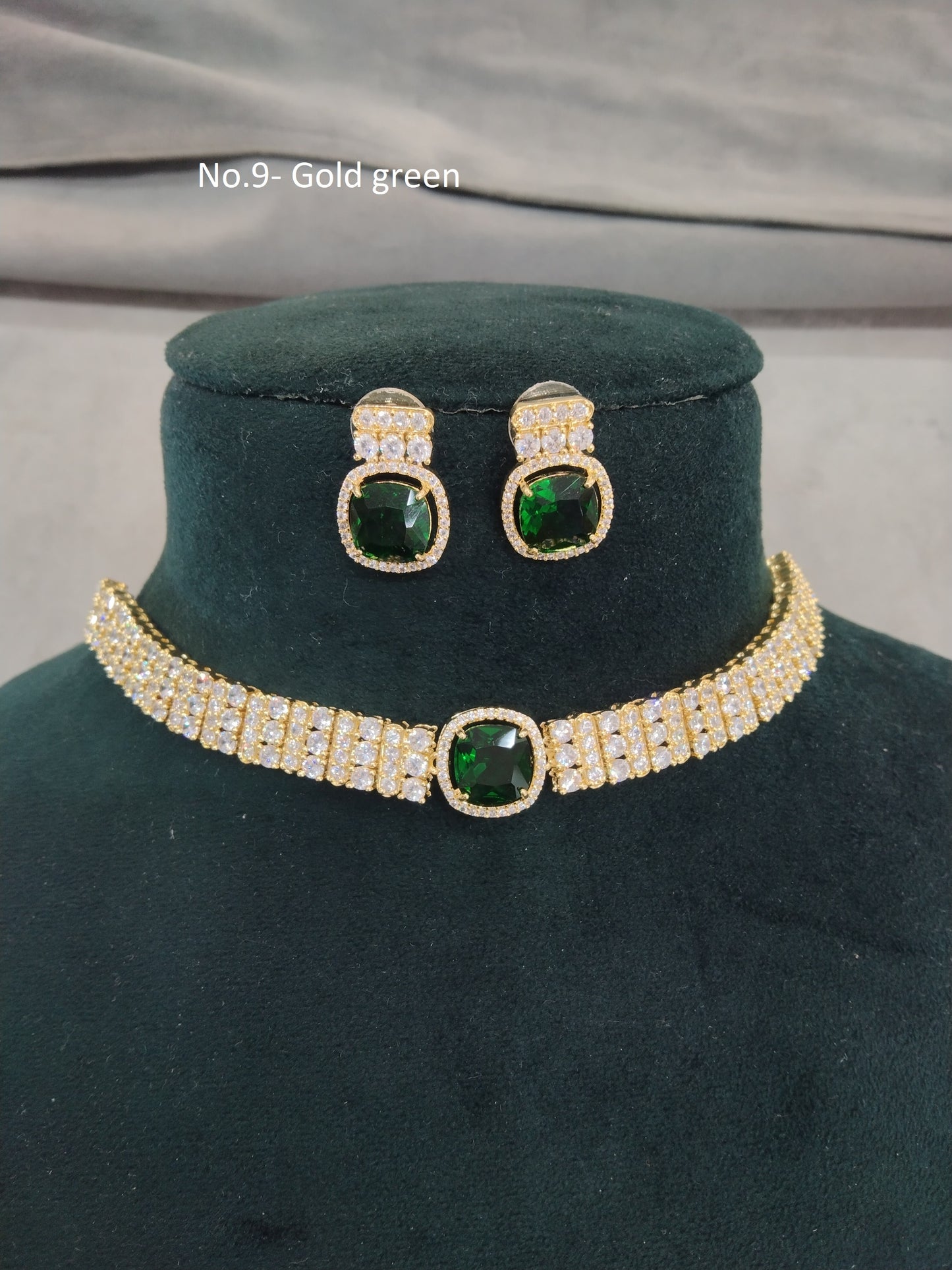 Cubic Zirconia Diamond Gold Green Choker Earrings Sita Set