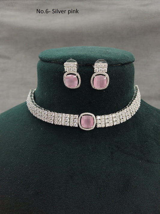 Cubic Zirconia Diamond Silver Pink Choker Earrings Sita Set