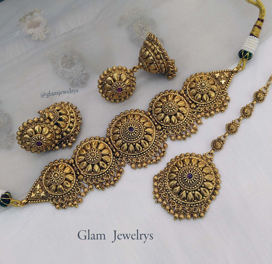 Gold Look Polki Choker Indian Punjabi Style Jewellery Selvi Set