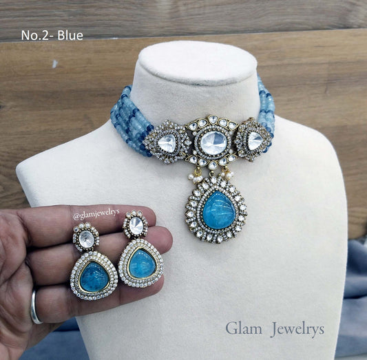 Moissanite Indian  jewellery blue kundan choker set/ kundan choker kundan sunita set