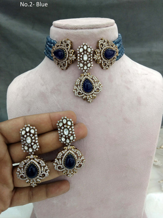 Moissanite blue Choker Indian Jewellery Sunita Wedding Set