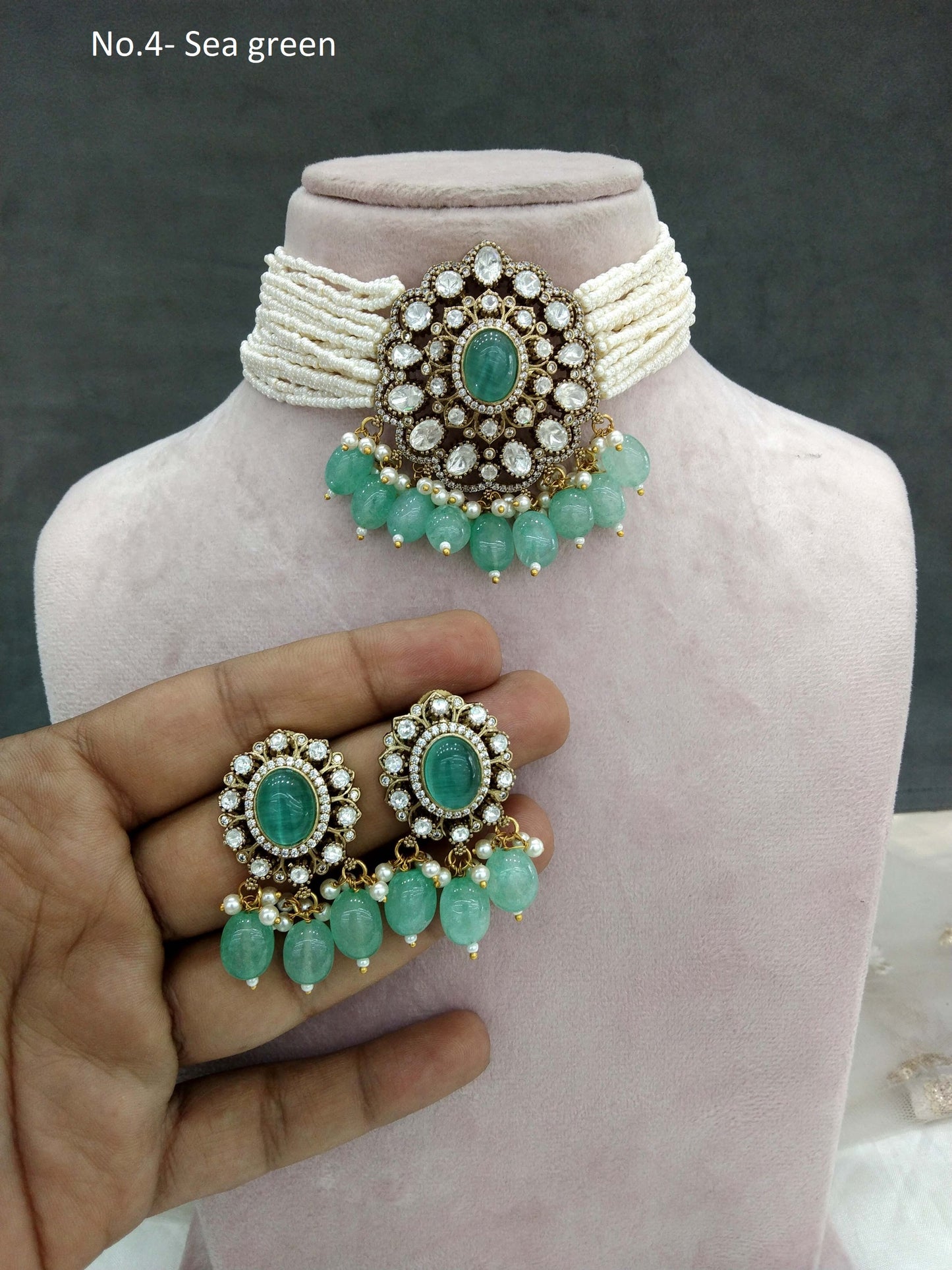 Moissanite Sea Green Choker Indian Jewellery Sunita Wedding Set