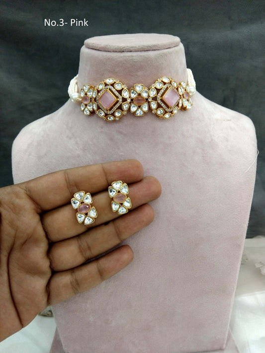 Moissanite Pink Choker Indian Jewellery Sunita Wedding Set