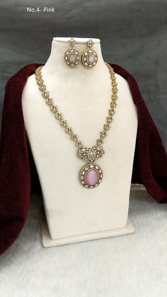 Moissanite kundan pink long  necklace set Indian Jewellery Sunita Wedding Set
