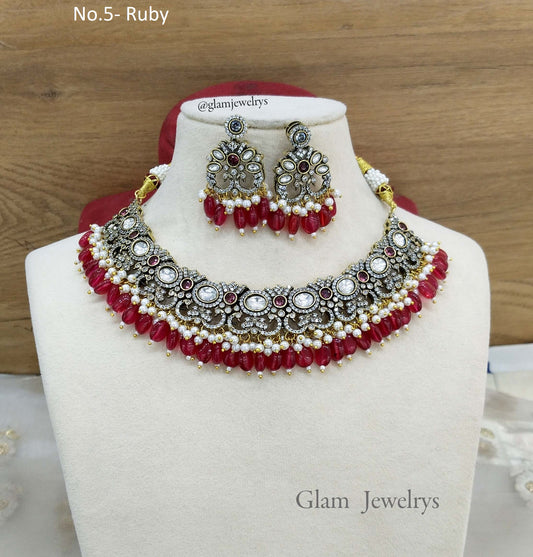 Moissanite kundan Ruby necklace Indian Jewellery Sunita Wedding Set