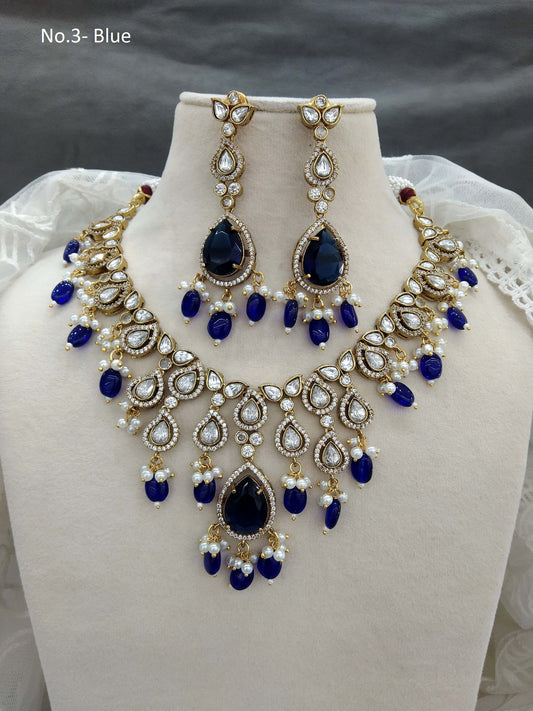 Blue Moissanite  Next To Real  Kundan Gold  Necklace Set Indian Jewellery Shweta Wedding Set