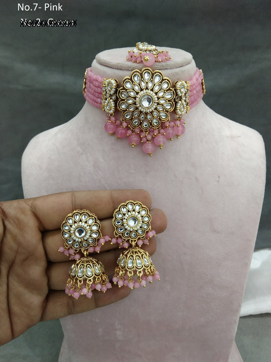 Indian Jewellery Gold Pink Kundan choker Set/ kundan choker Kundan Setin Set