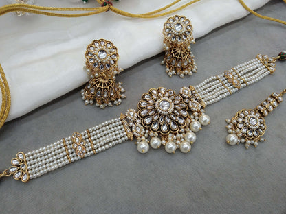 Gold White Choker Set Indian Jewellery Gold  Kundan choker Set/ kundan choker Setin Set