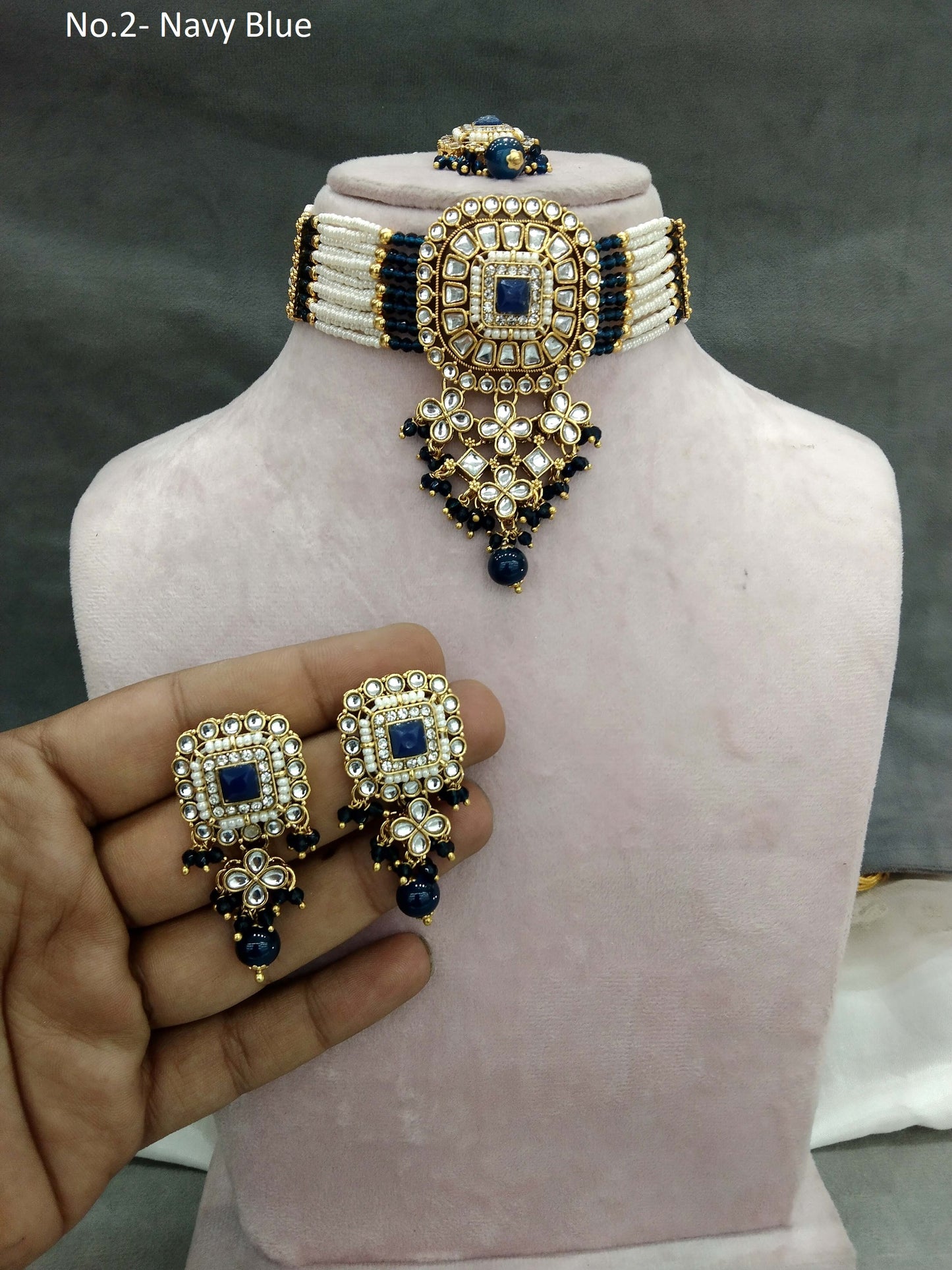 Indian Jewellery Gold Pista Navy Blue  Kundan choker Set/ kundan choker Priya Jewellery Set